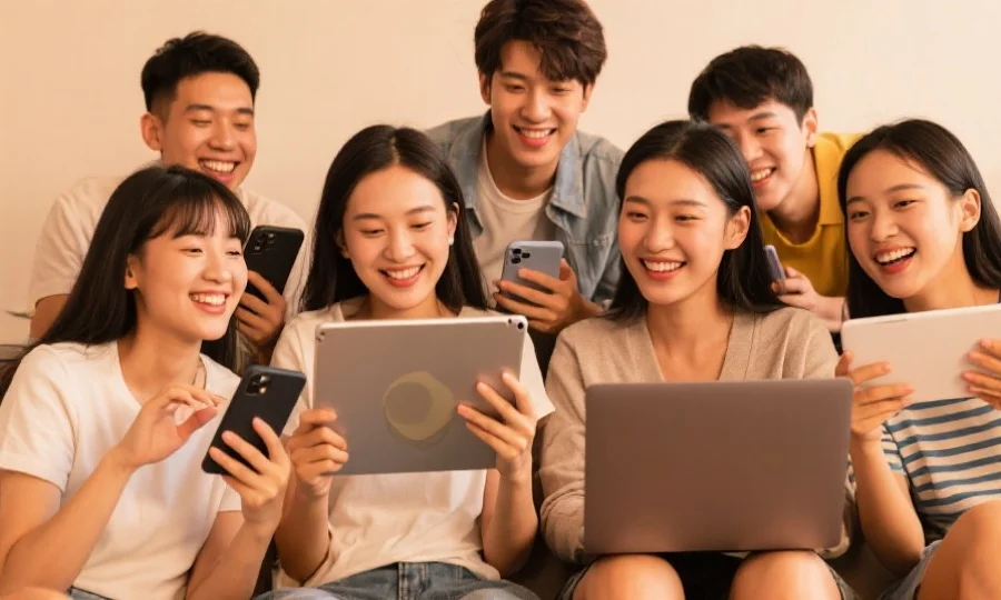 年轻人群体使用不同设备（手机、平板、电脑）愉快浏览娱乐平台