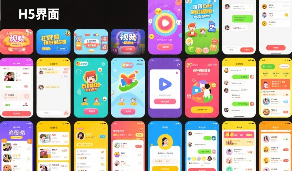 多样化的H5界面截图拼贴，展示小游戏、视频、社交聊天和排行榜等功能界面，色彩丰富明快